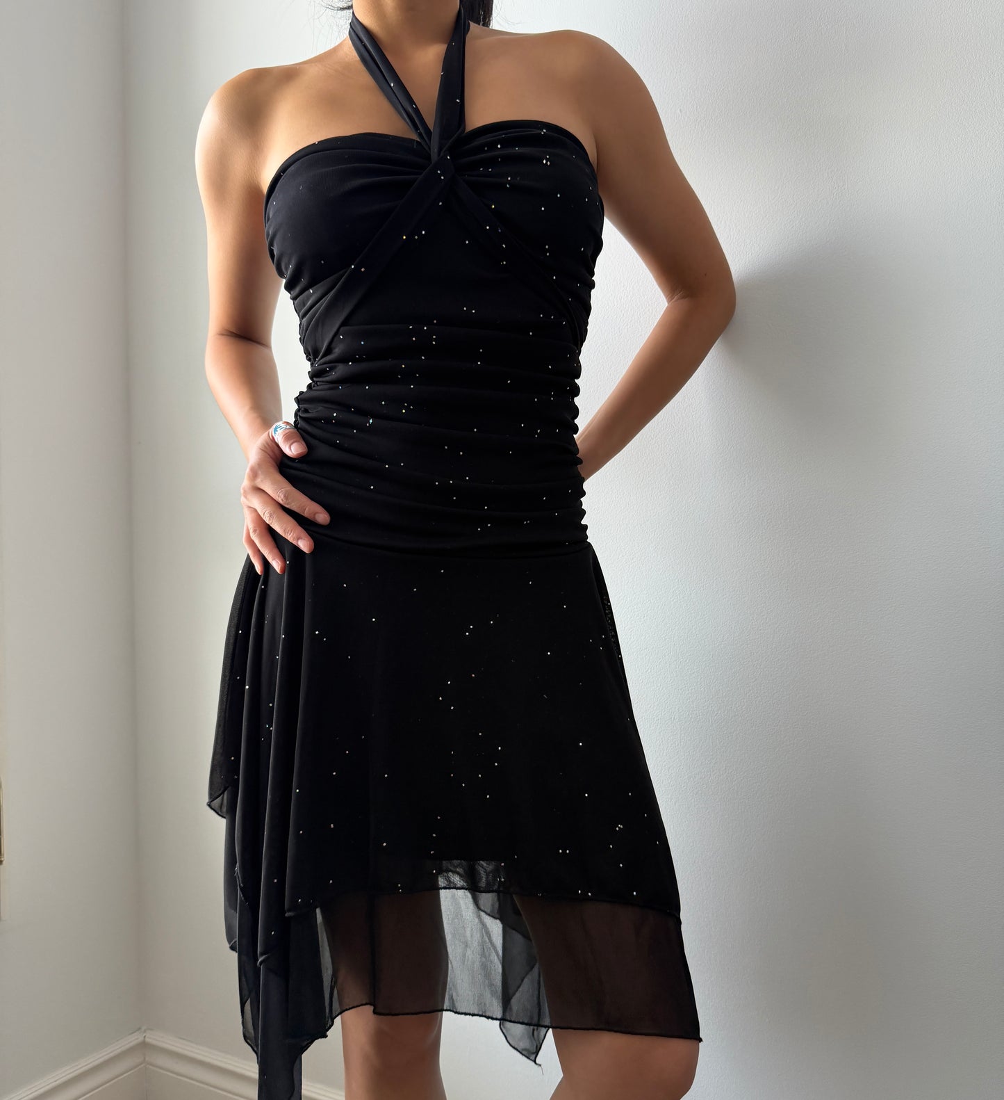 90s Made in USA Black Asymmetric Halter Mini Fairy Dress - Small