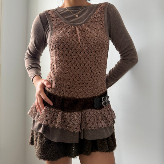 Brown Layered Knit Long Sleeve Mini Dress - Small