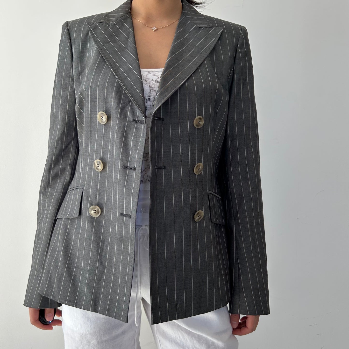 Max Mara Grey Wool and Silk Blend Pinstripe Double Breasted Blazer - Small
