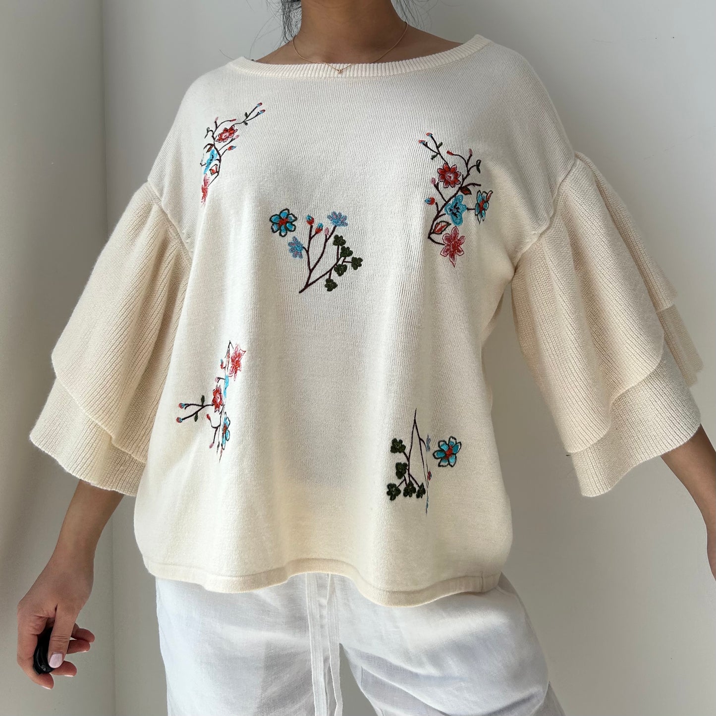 White Embroidered Floral Sweater - Medium
