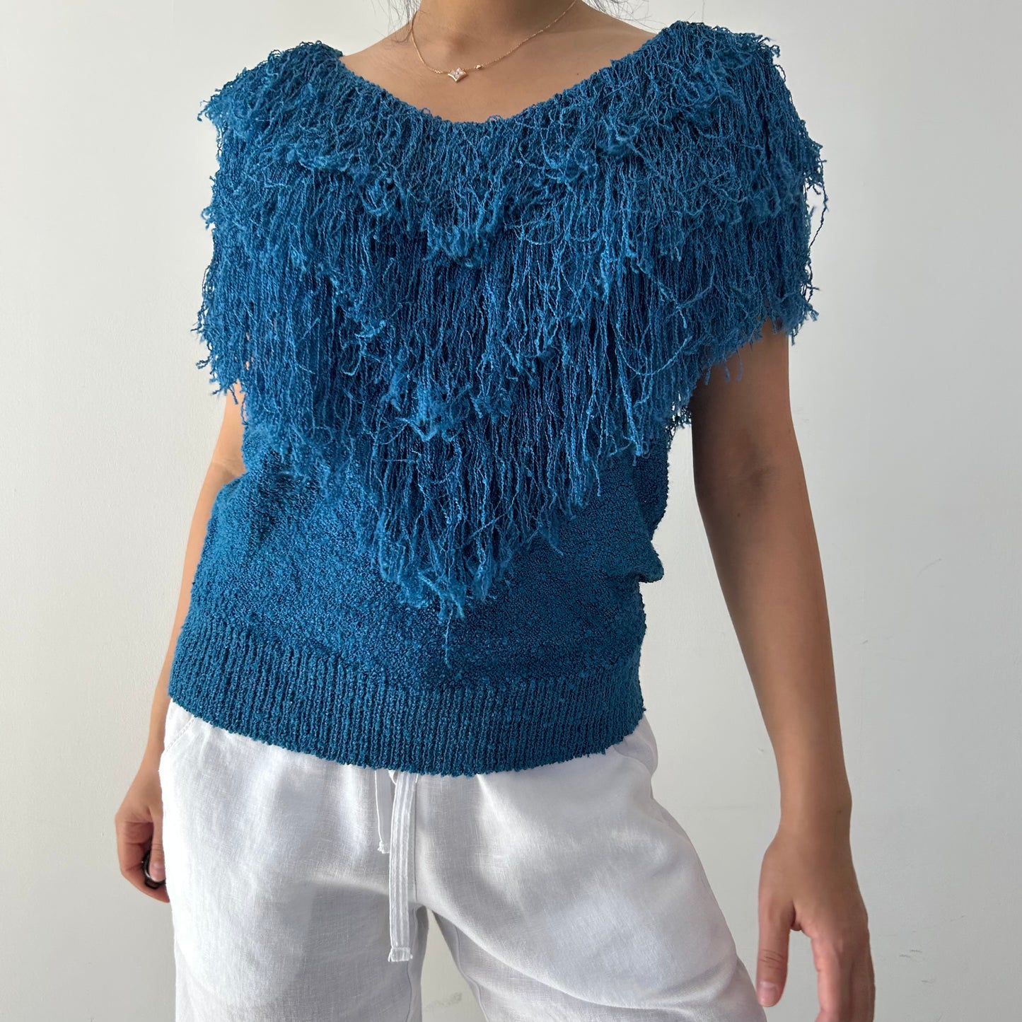 1980s Made in USA French Rags Blue Fringe Short Sleeve Blouse - Small