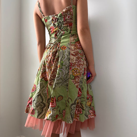 2000s French Label René Derhy Green Paisley Corset-Style Sundress - Small