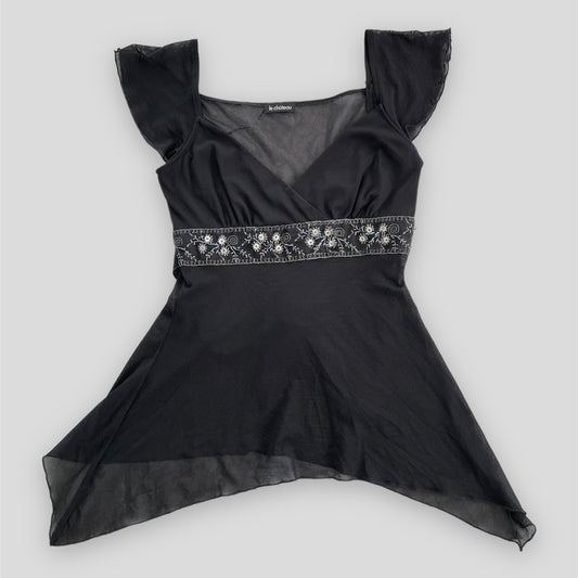 Le Château Black Mesh Empire Waist Baby Doll Tie Top - Medium