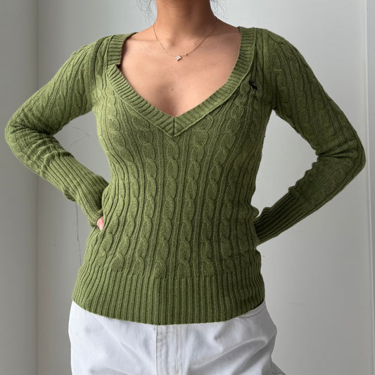 Early 2000s Abercrombie Green Rabbit Hair Blend V-Neck Cable Knit Jumper - X-Small