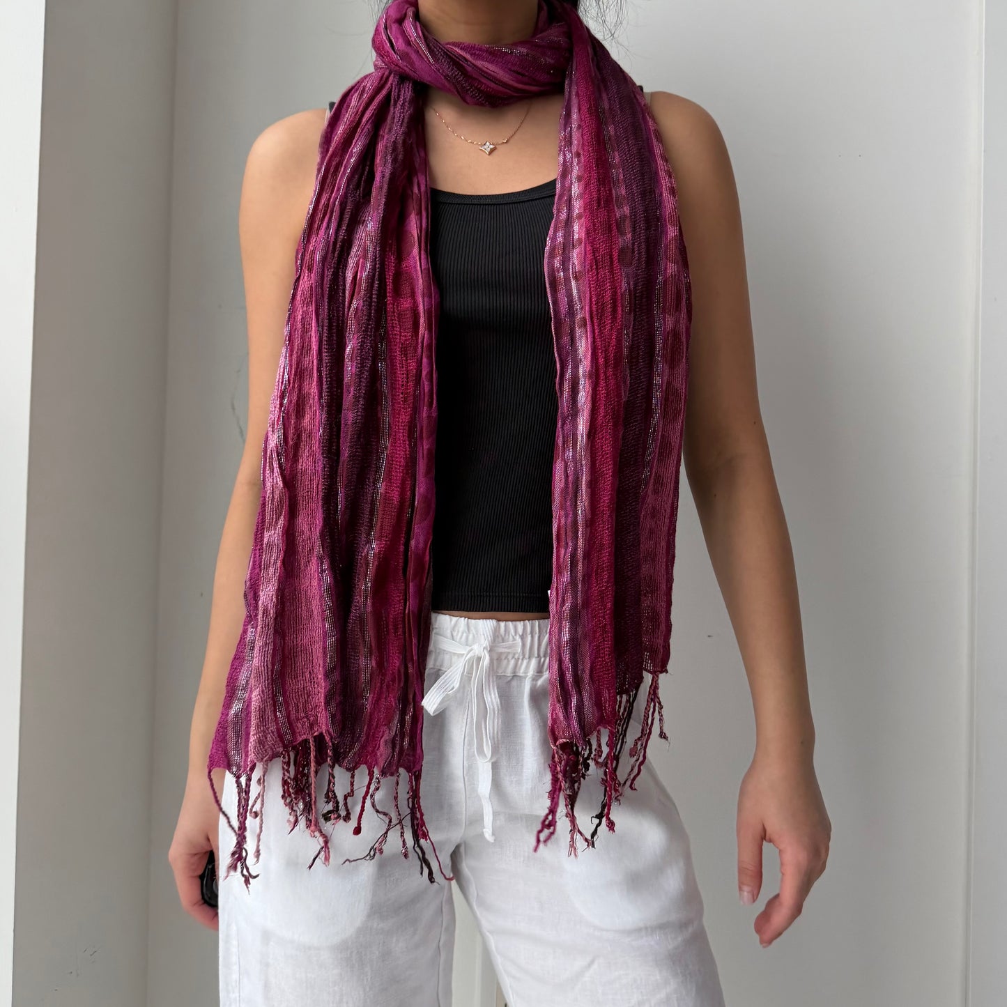 Pink Metallic Striped Skinny Scarf