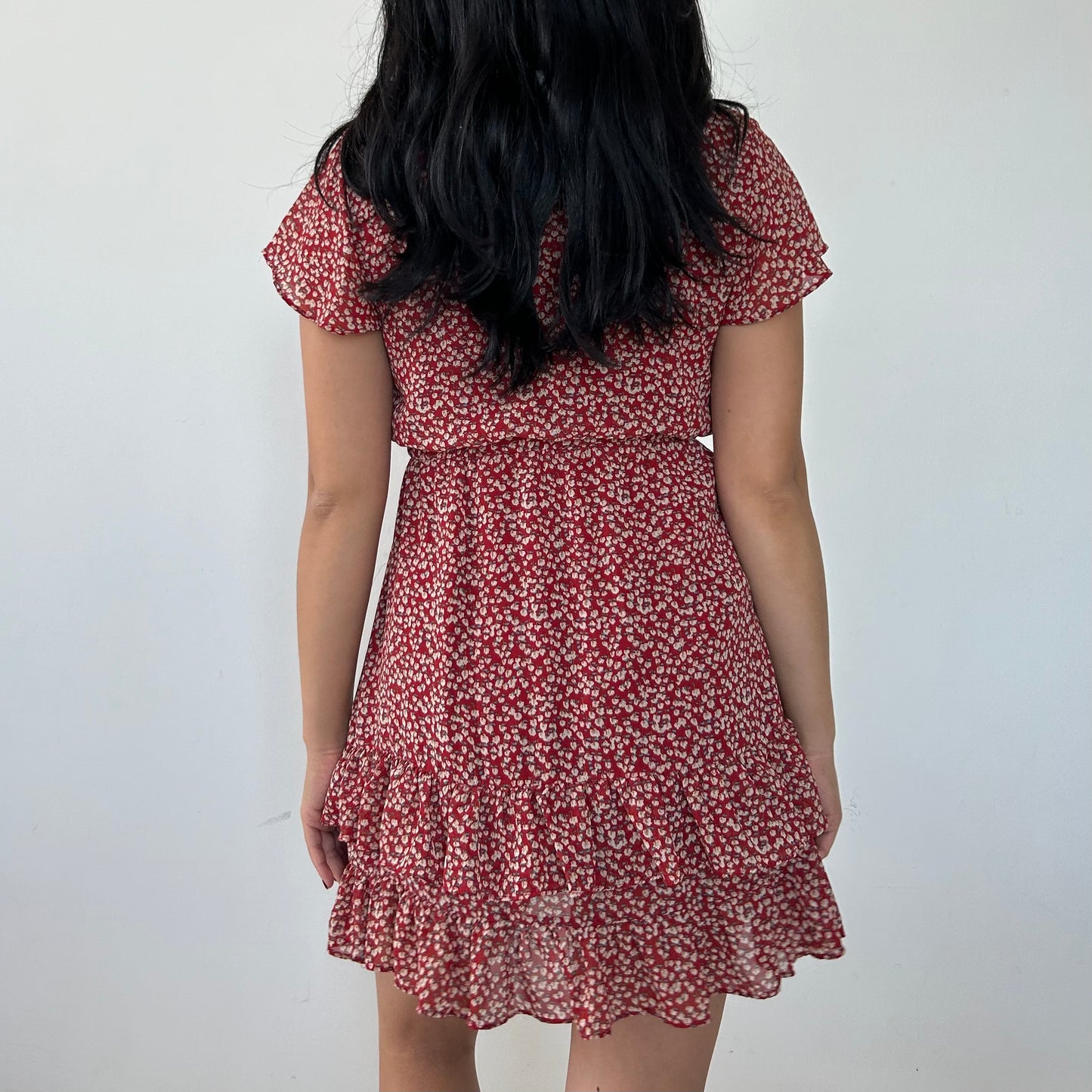 Red Floral Short Sleeve Ruffle Dress - X-Small