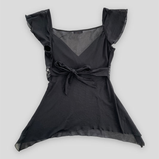 Le Château Black Mesh Empire Waist Baby Doll Tie Top - Medium