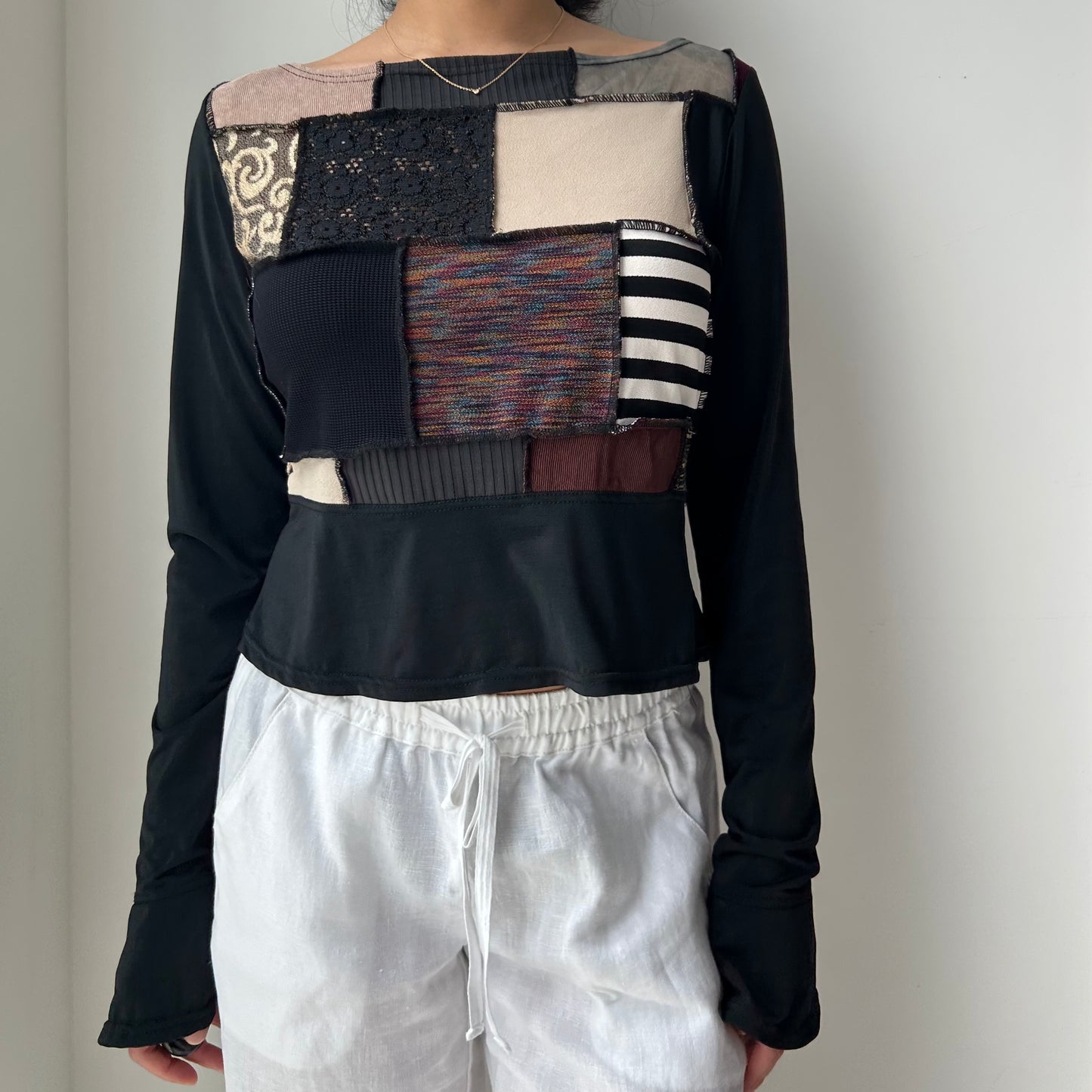 Annie Thompson Black Patchwork Long Sleeve Top - Medium