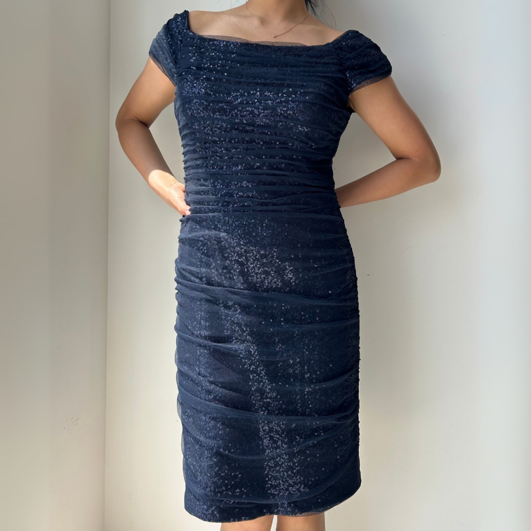 Lauren Ralph Lauren Evening Navy Ruched Sequin Mini Dress - Medium