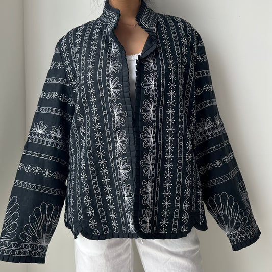 Anne Carson Black Embroidered Ruffle-Edge Jacket - 1X