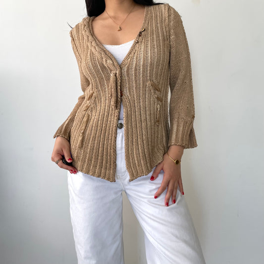 Elisa Cavaletti Tan V-Neck Chunky Knit Cardigan - Small
