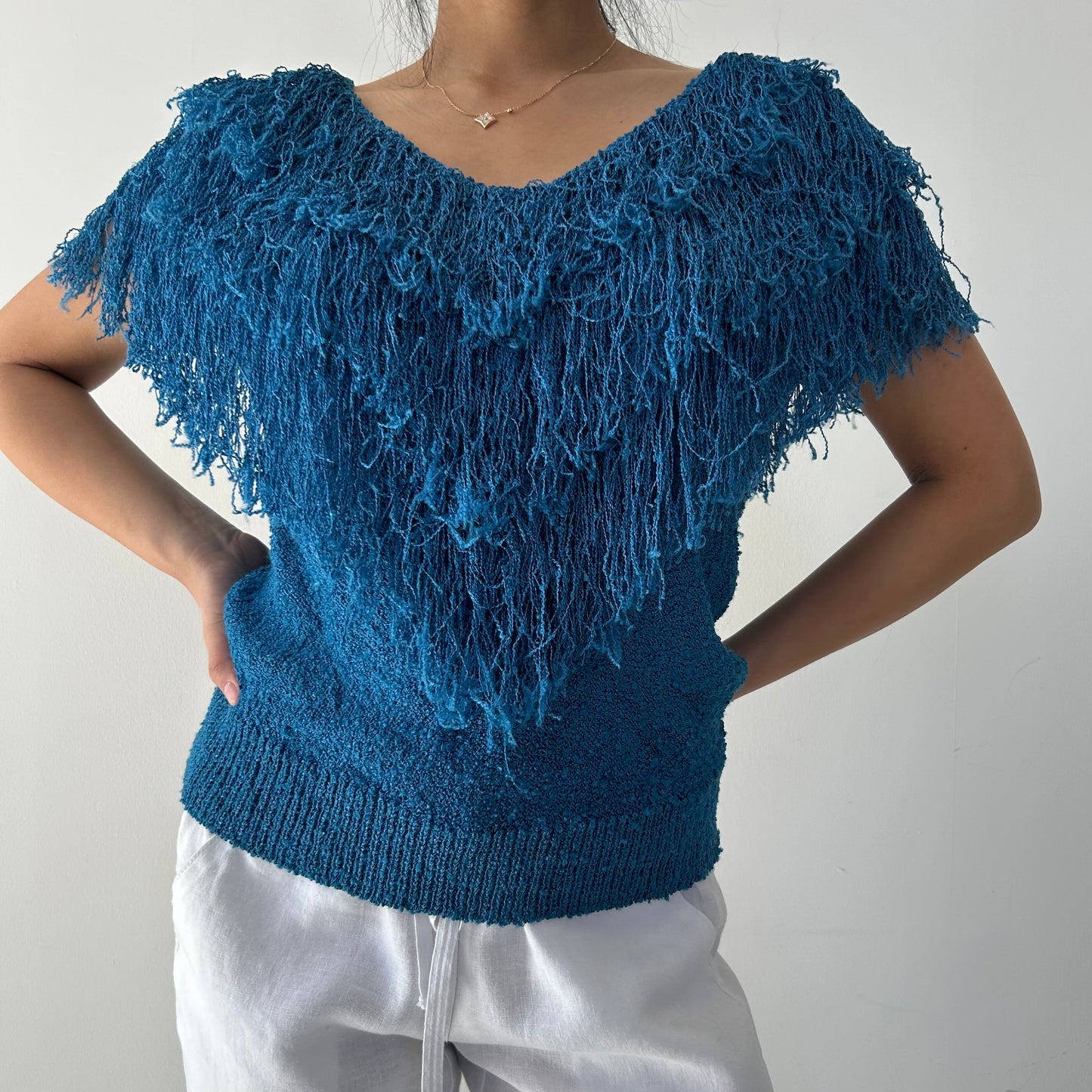 1980s Made in USA French Rags Blue Fringe Short Sleeve Blouse - Small