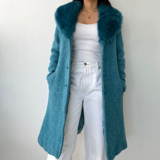 Fairweather Teal Fur Trim Wool Blend Coat - X-Small