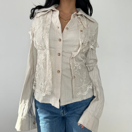 BNWT Mariagrazia Panizzi Beige Lace-Trimmed Button-Up Blouse - Small