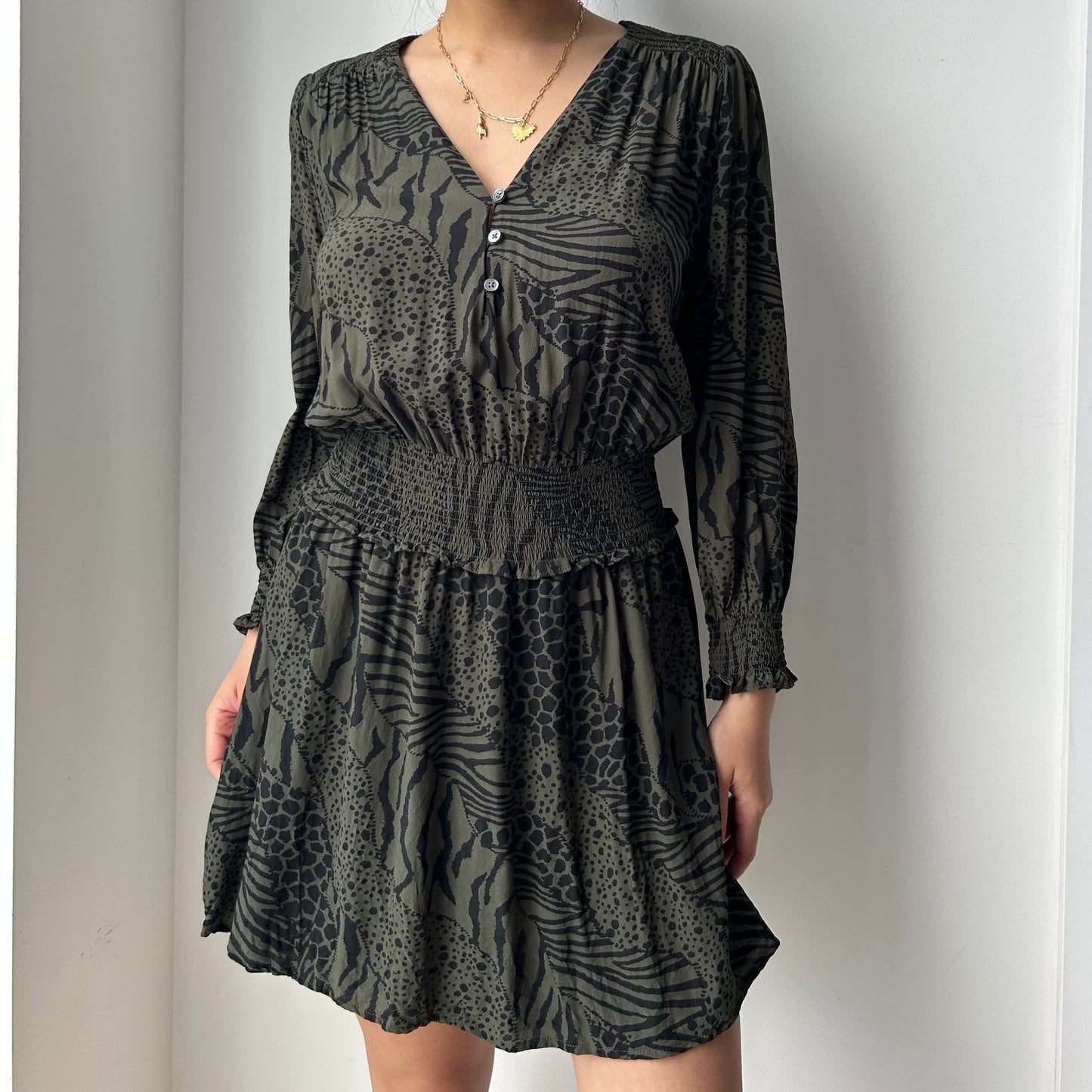Rails Olive Green and Black Animal Print Long Sleeve Mini Dress - Small