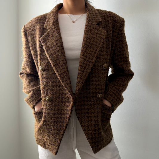 1990s Made in Canada Brown Houndstooth Wool and Mohair Blazer - Medium