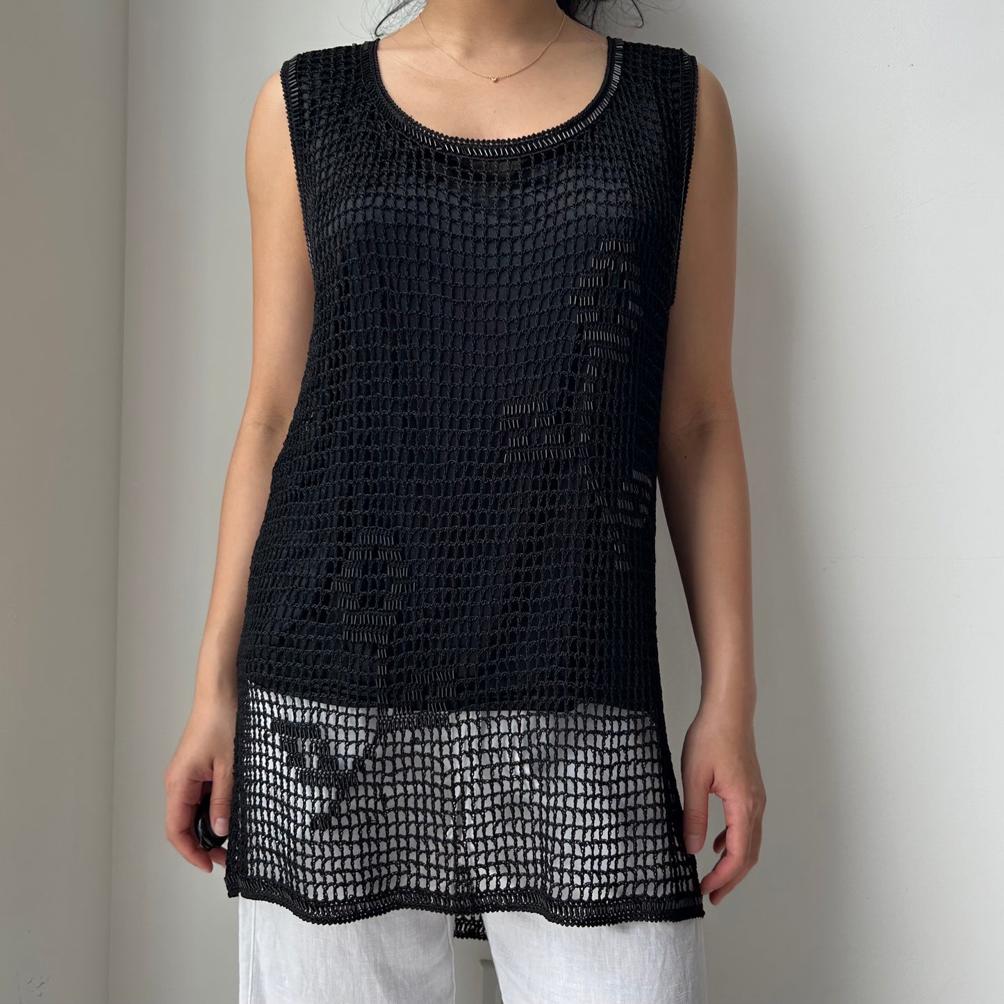 Vintage Black Floral Fishnet Tunic Tank - Large