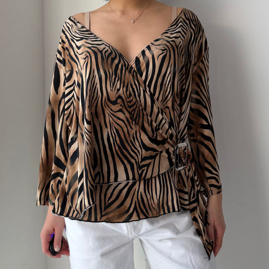 Vintage 90s Made in USA Tiger Print Long Sleeve Wrap Top - XX-Large