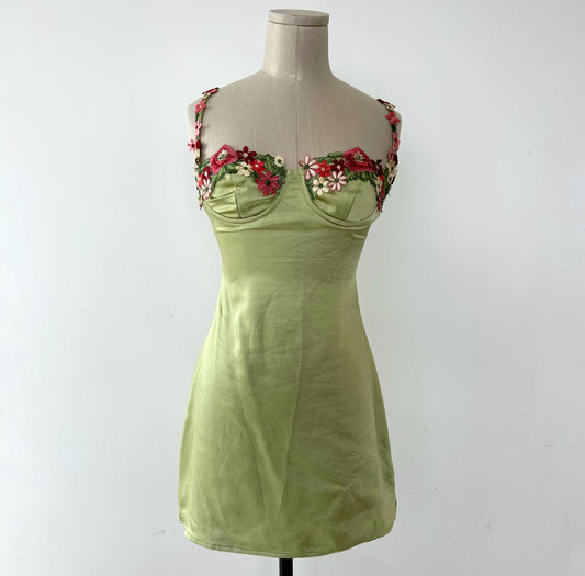 Princess Polly Green Mini Dress with Floral Embroidery - X-Small