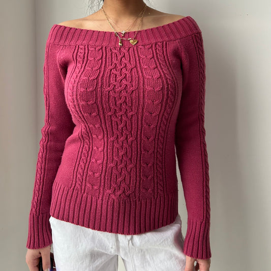Raspberry Pink Cable Knit Off Shoulder Long Sleeve Top - X-Small