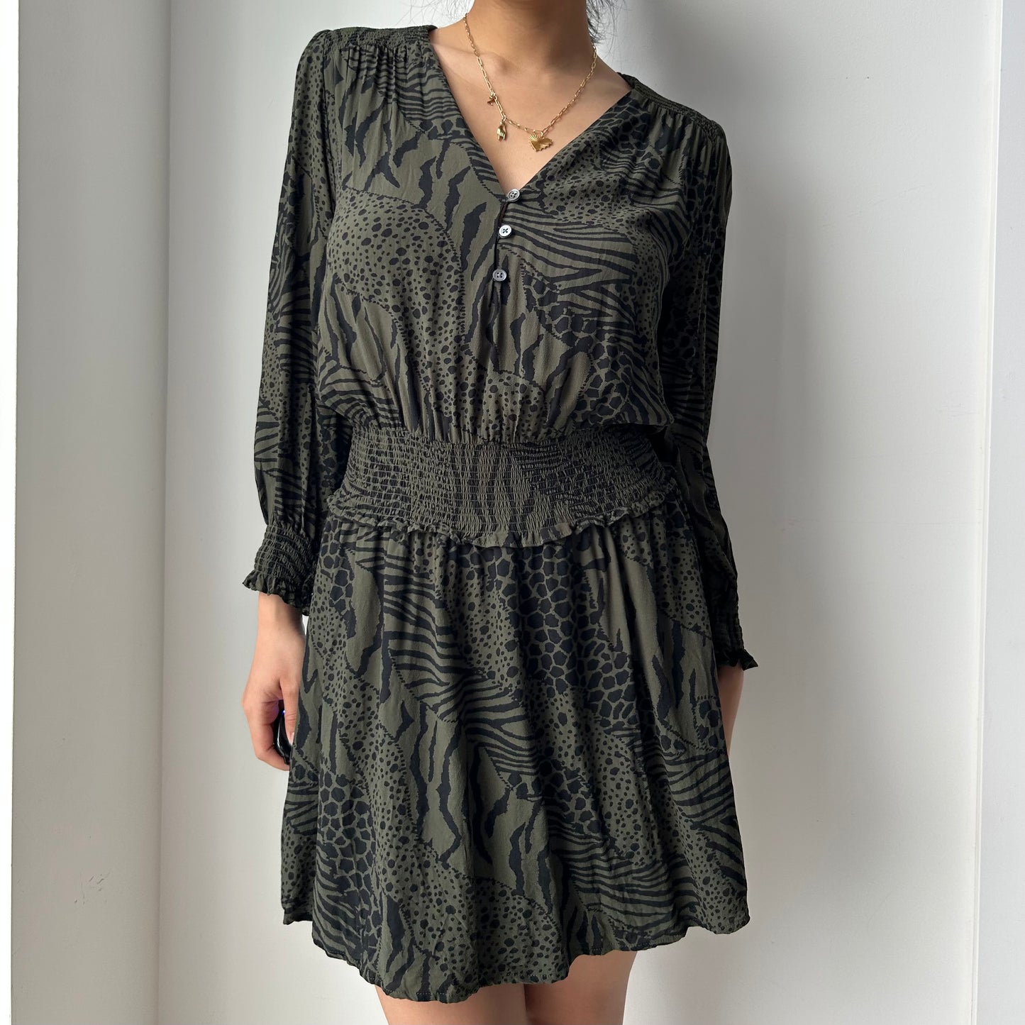 Rails Olive Green and Black Animal Print Long Sleeve Mini Dress - Small