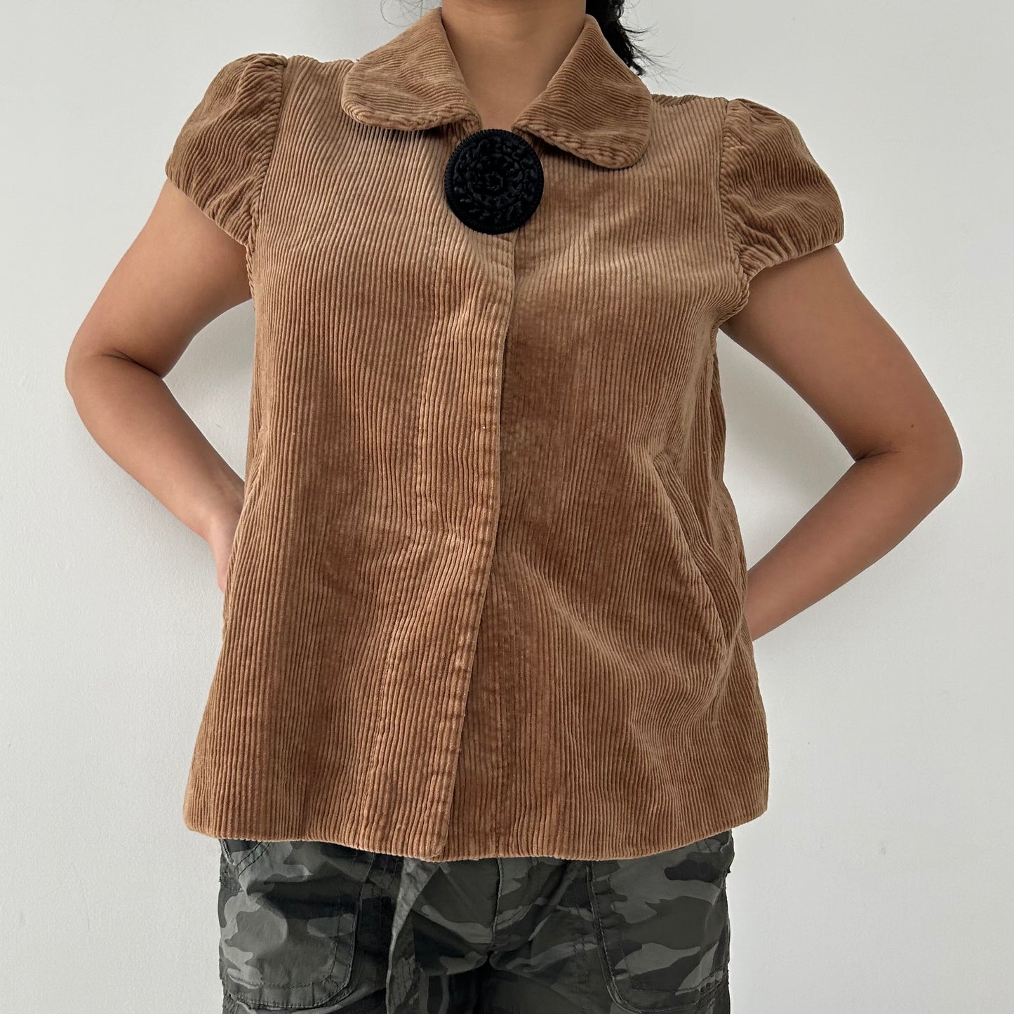 Old Label H&M Brown Corduroy Short Sleeve Blouse - Medium