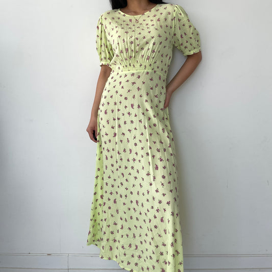 Faithfull The Brand Neon Green Floral Short Sleeve Maxi Dress - Small