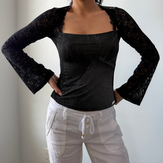 E. Loco Paris Black Lace Sleeve Square Neck Top - X-Small