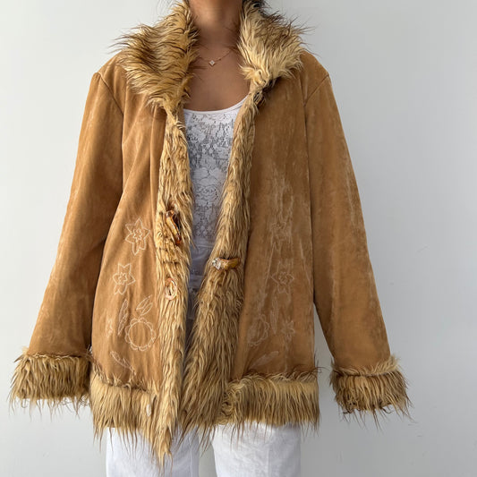 Tan Embroidered Penny Lane Coat with Faux Fur Trim - X-Large