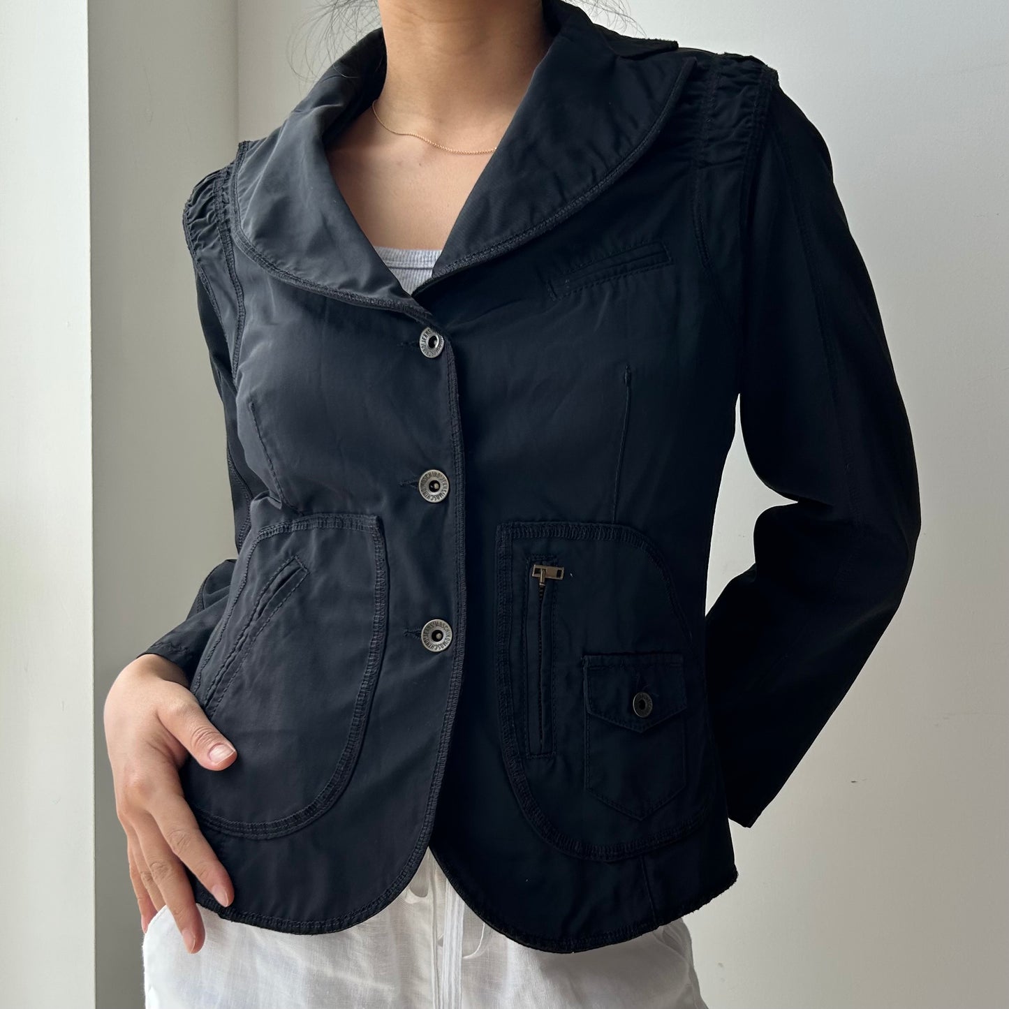 Moschino Jeans Black Button Front Convertible Utility Jacket - Small