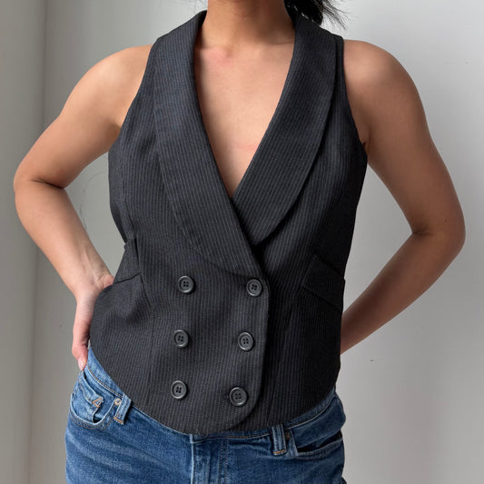2000s Vero Moda Grey Pinstripe Vest - Medium
