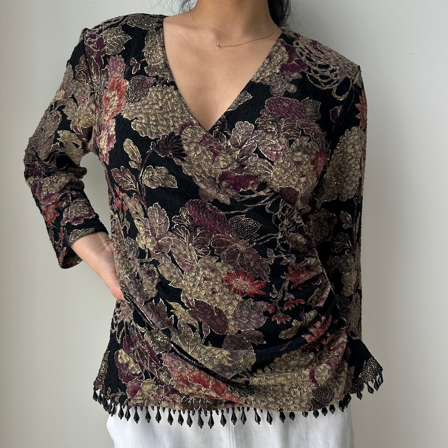Made in USA Floral Metallic Brocade Wrap Top - Medium