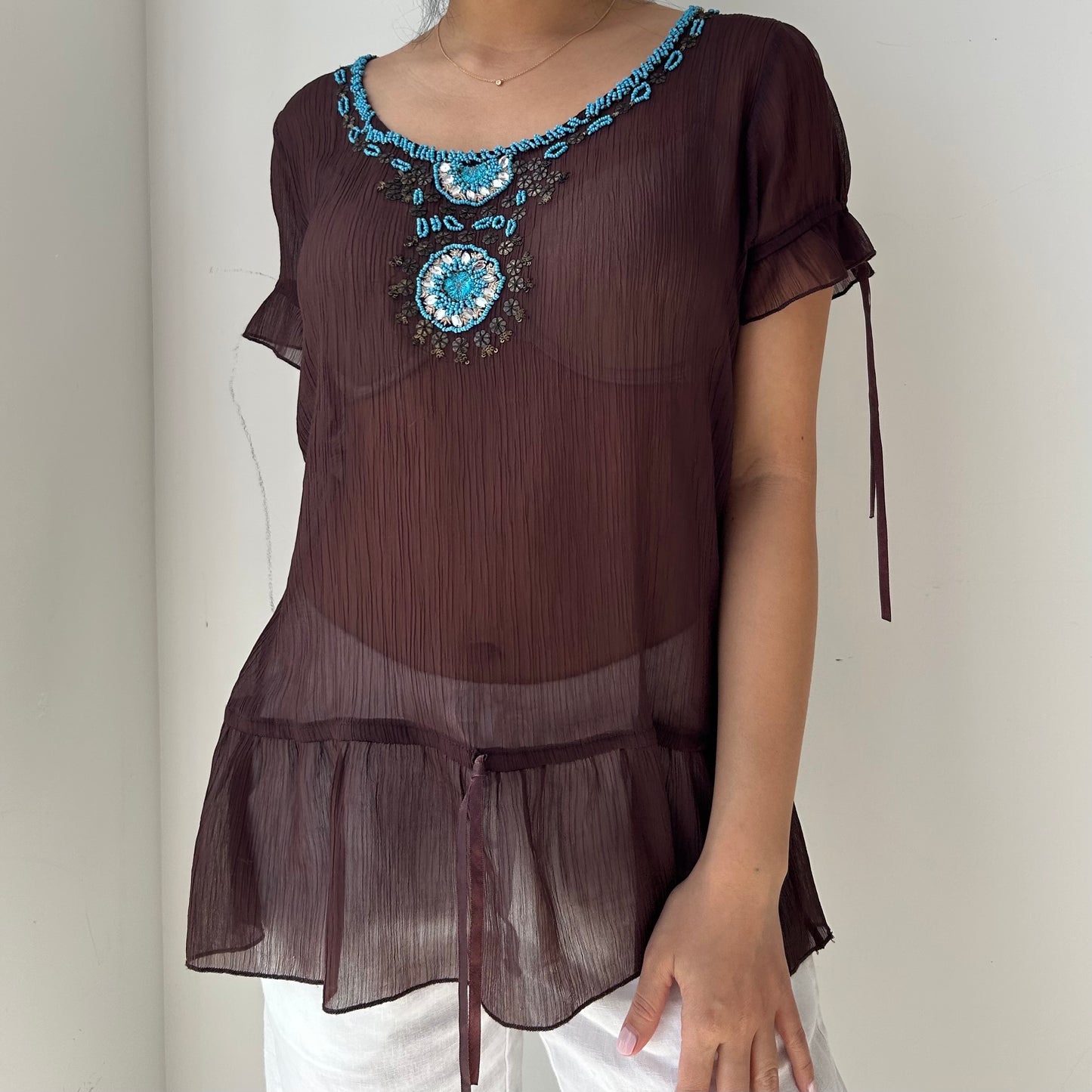 Brown Short Sleeve Sheer Embellished Top - Medium