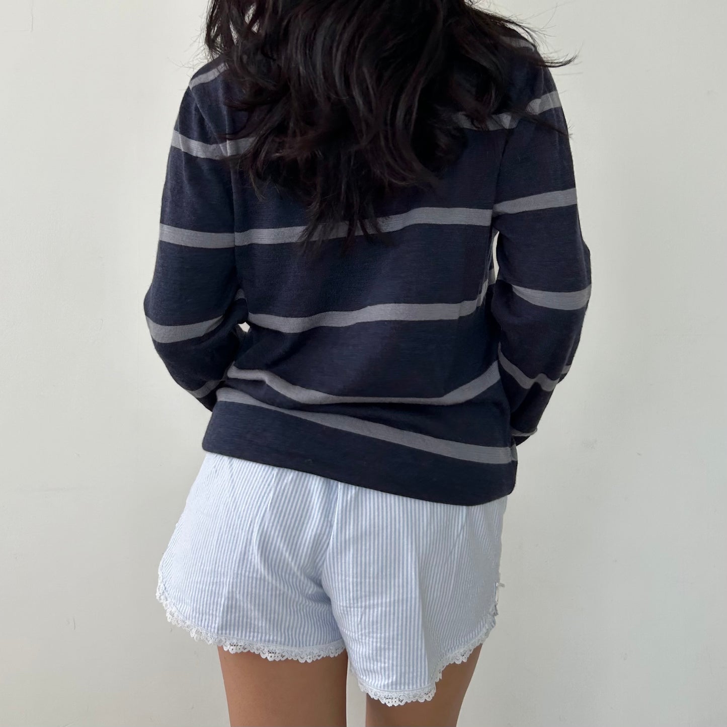 Blue Striped Merino Wool Crewneck Knit Jumper - Small