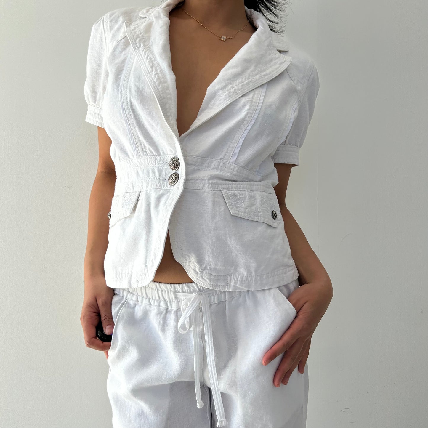 Point Zero by Nicole Benisti White Tailored Short-Sleeve Blazer - Medium