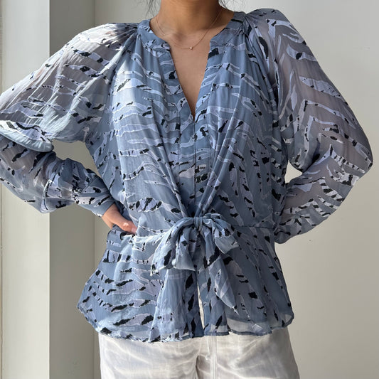 Parker Blue Silk Blend Patterned Long Sleeve Blouse - Medium