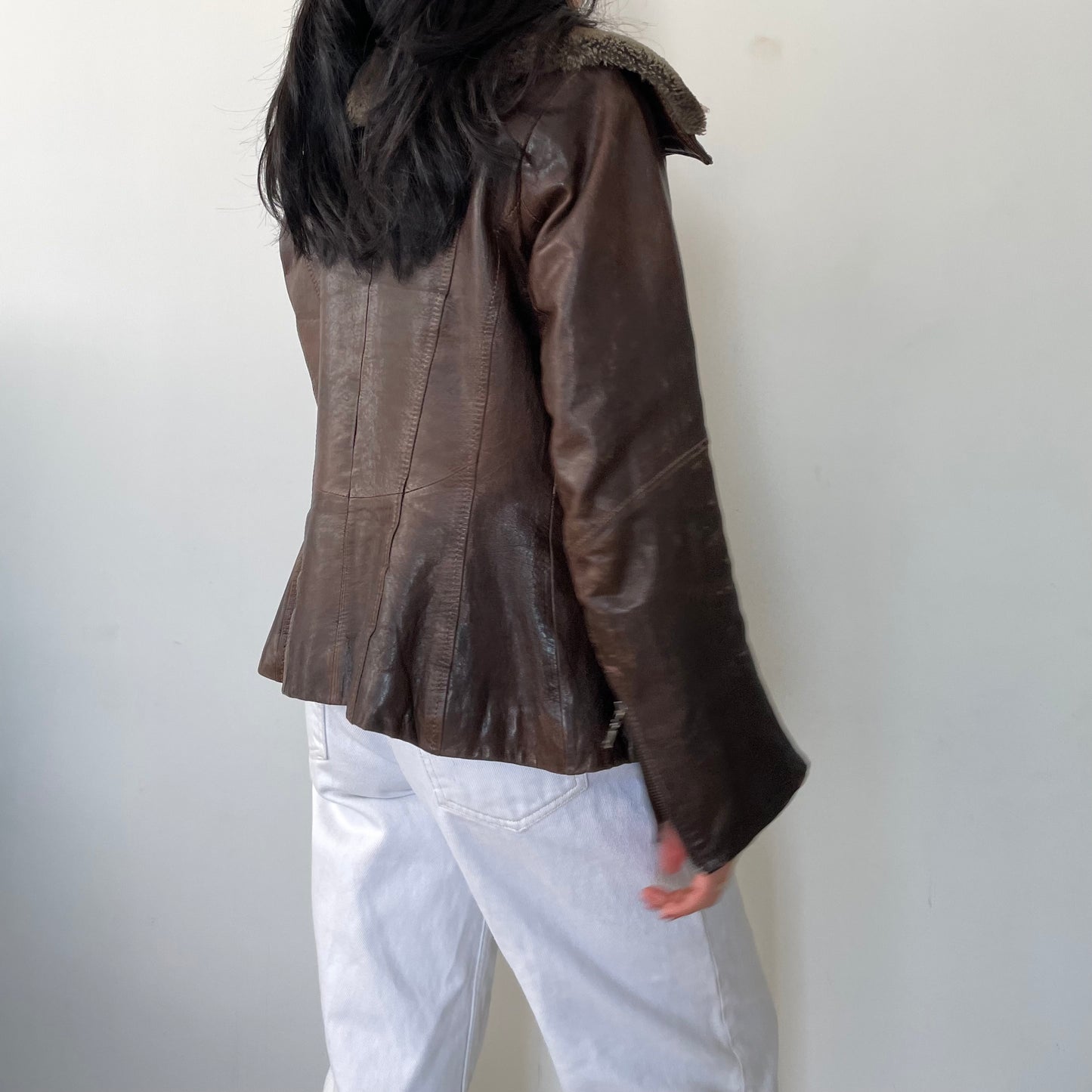 Danier Brown Fur Trim Zip Up Leather Jacket - X-Small/Small