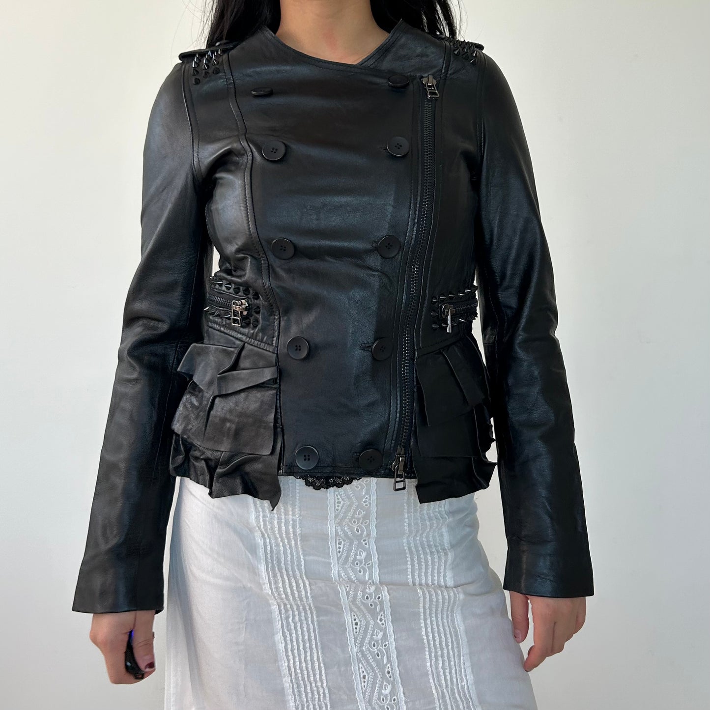 AIM Black Ruffled Leather Moto Jacket - X-Small