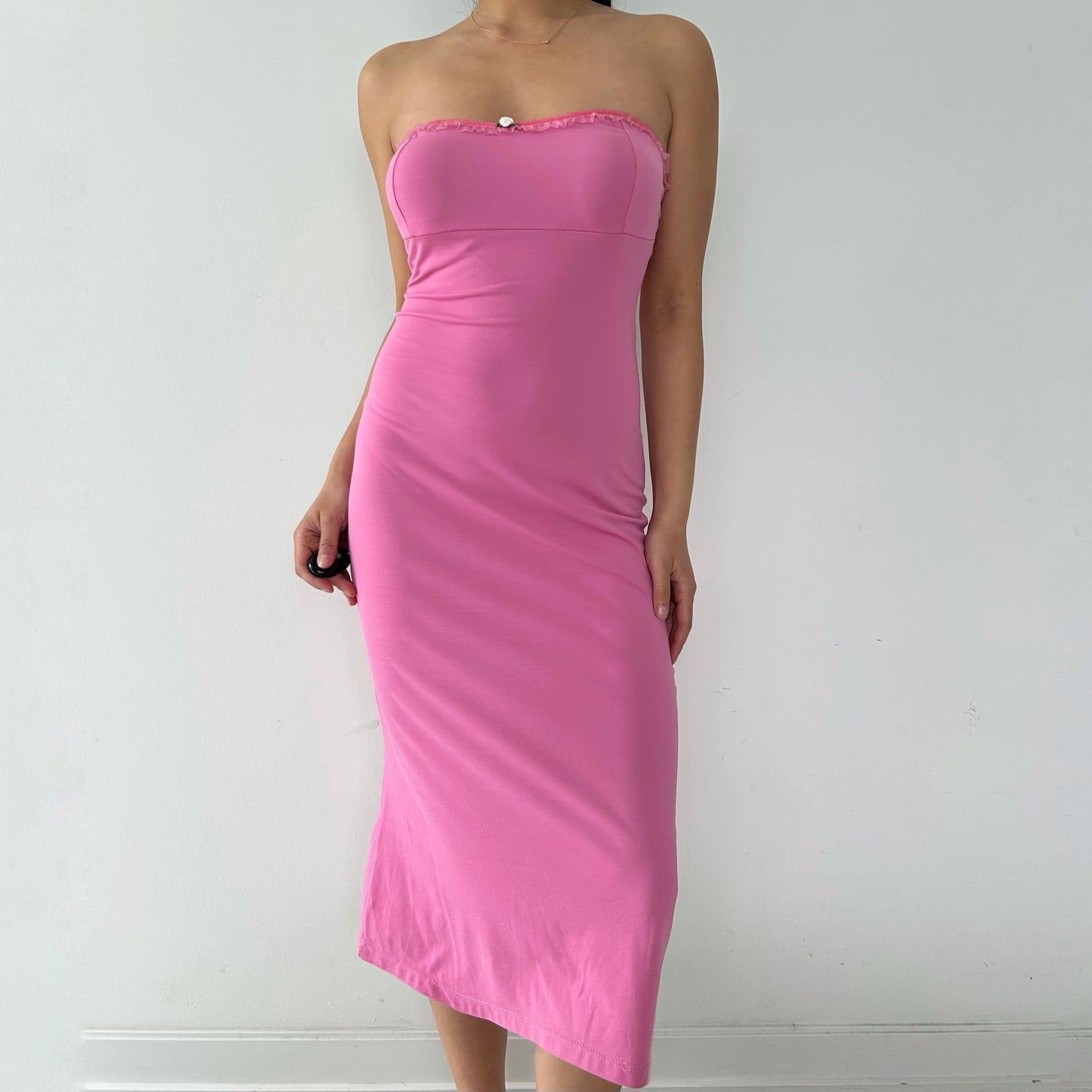 Made in Italy Pink Strapless Rosette Trim Bodycon Dress - X-Small