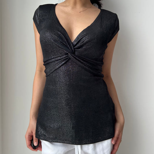 Vintage 90s Made in Canada Black Metallic V-Neck Top - Medium