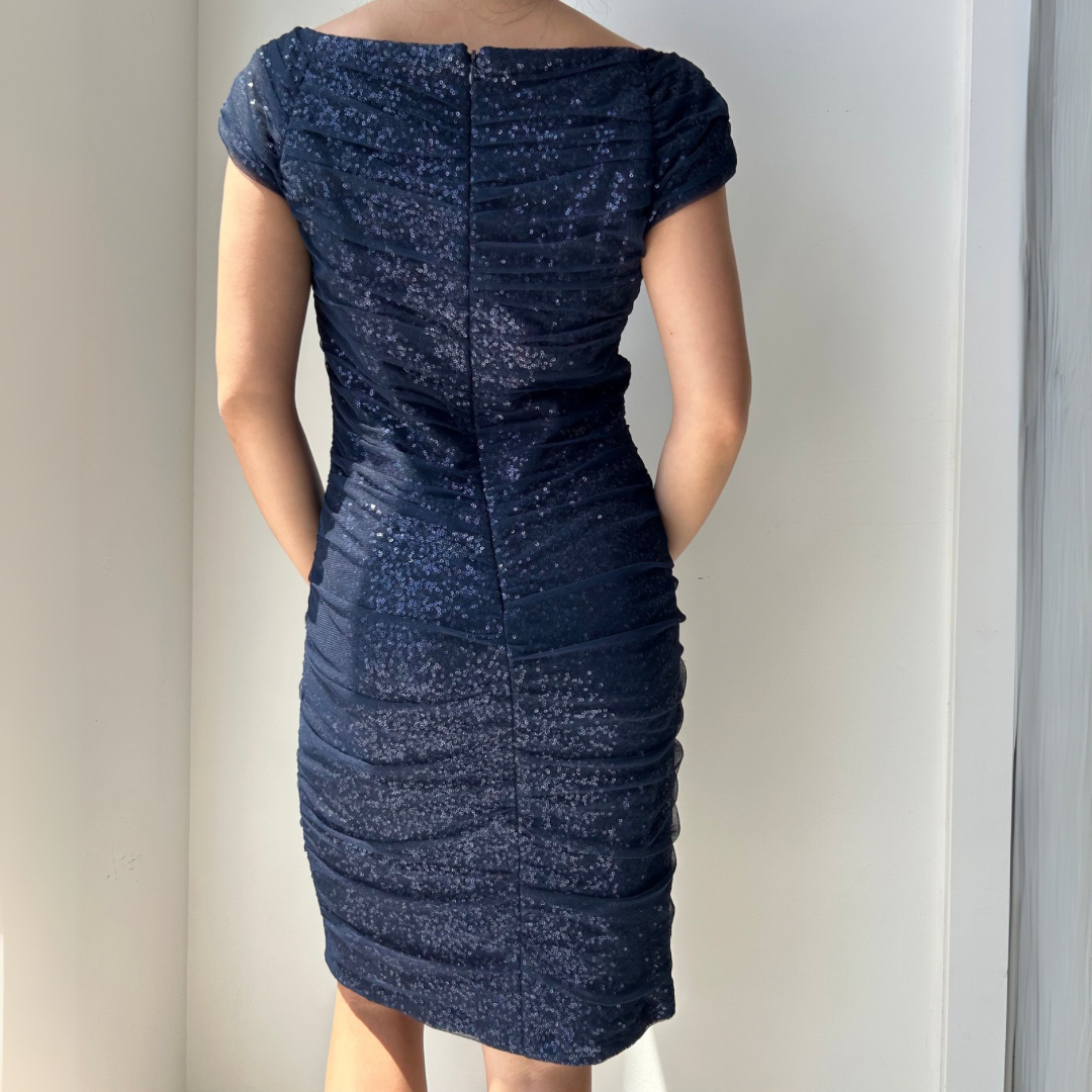 Lauren Ralph Lauren Evening Navy Ruched Sequin Mini Dress - Medium