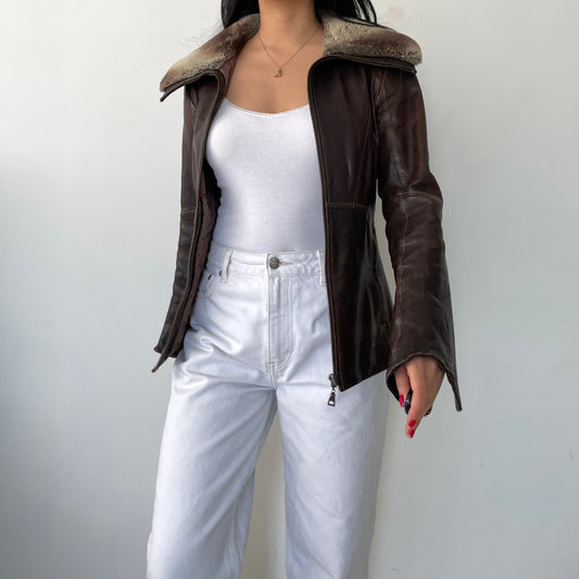 Danier Brown Fur Trim Zip Up Leather Jacket - X-Small/Small