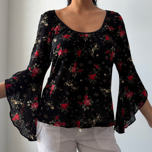 Per Una Black Floral Bell-Sleeve Blouse - Large
