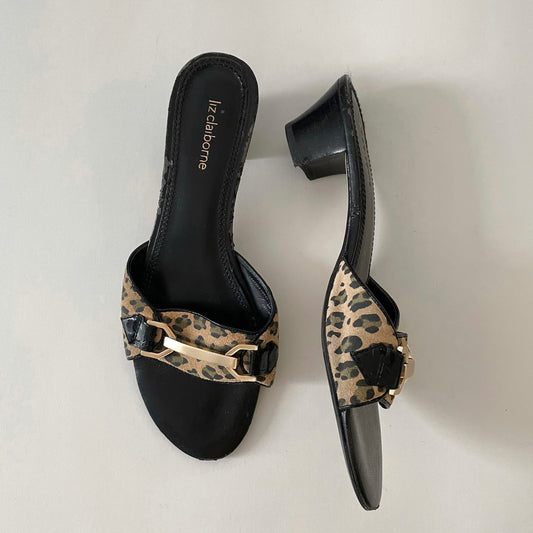 Liz Claiborne Leopard Print Kitten Wedge Heeled Mules - US 8