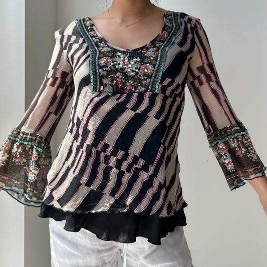 Diane von Furstenberg Embellished Long Sleeve Silk Blouse - Small