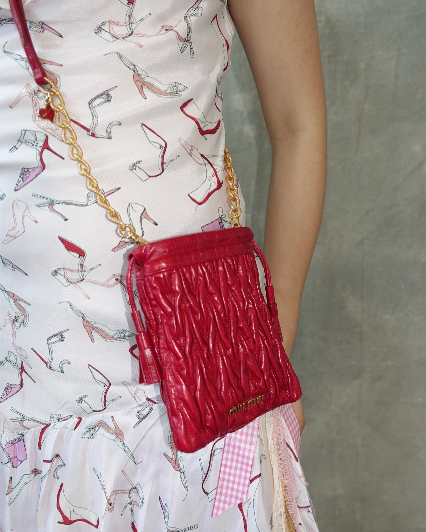 2003 Miu Miu Cherry Red Matelassé Leather Chain-link Crossbody Bag