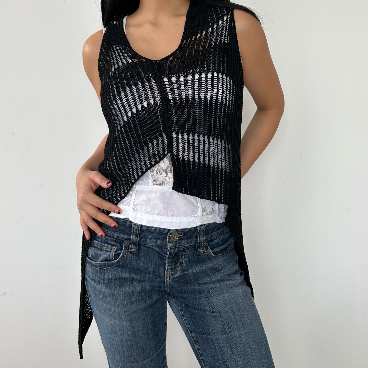 Sarah Pacini Black Asymmetrical Knit Vest - Small