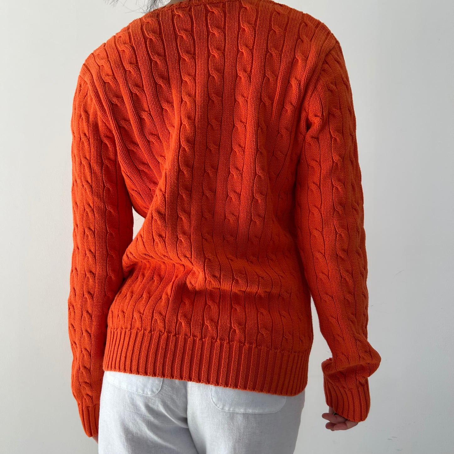 Ralph Lauren Sport Orange V-Neck Cable Knit Sweater - Large