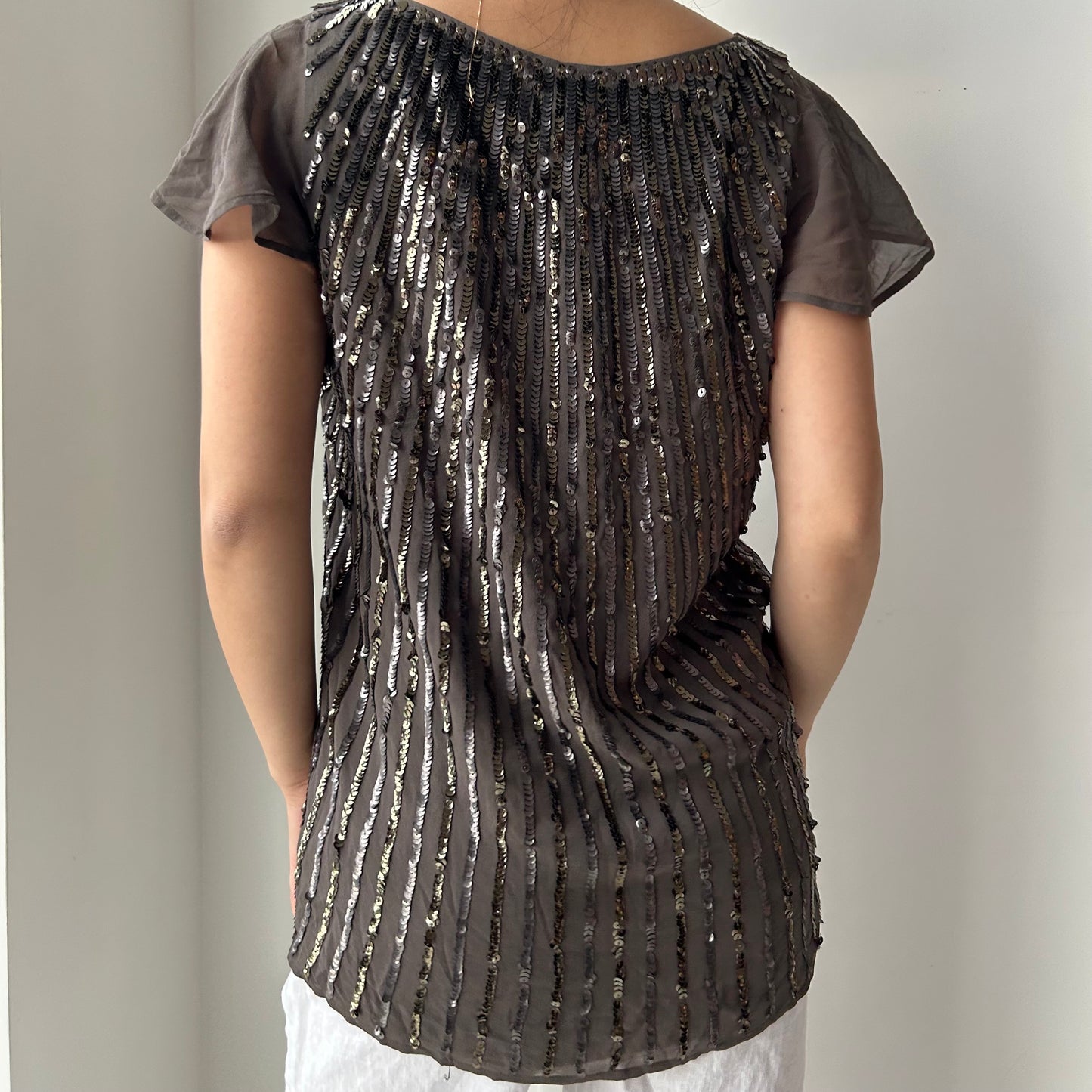 St. John Couture Brown Silk Sequin Blouse - Medium