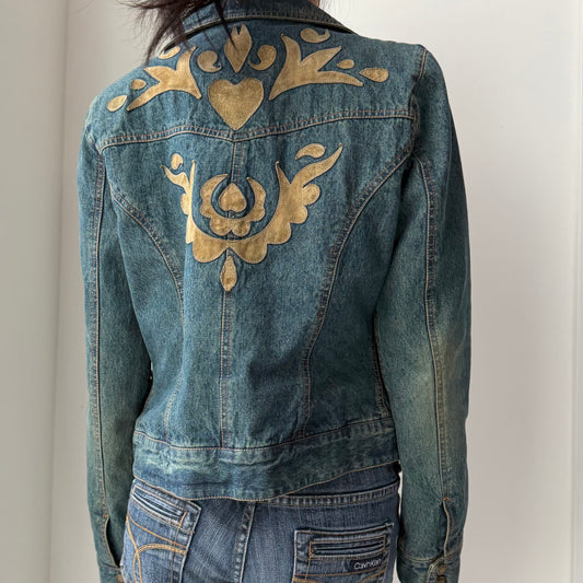 Old Label Nine West Leather-Panel Denim Biker Jacket - Medium